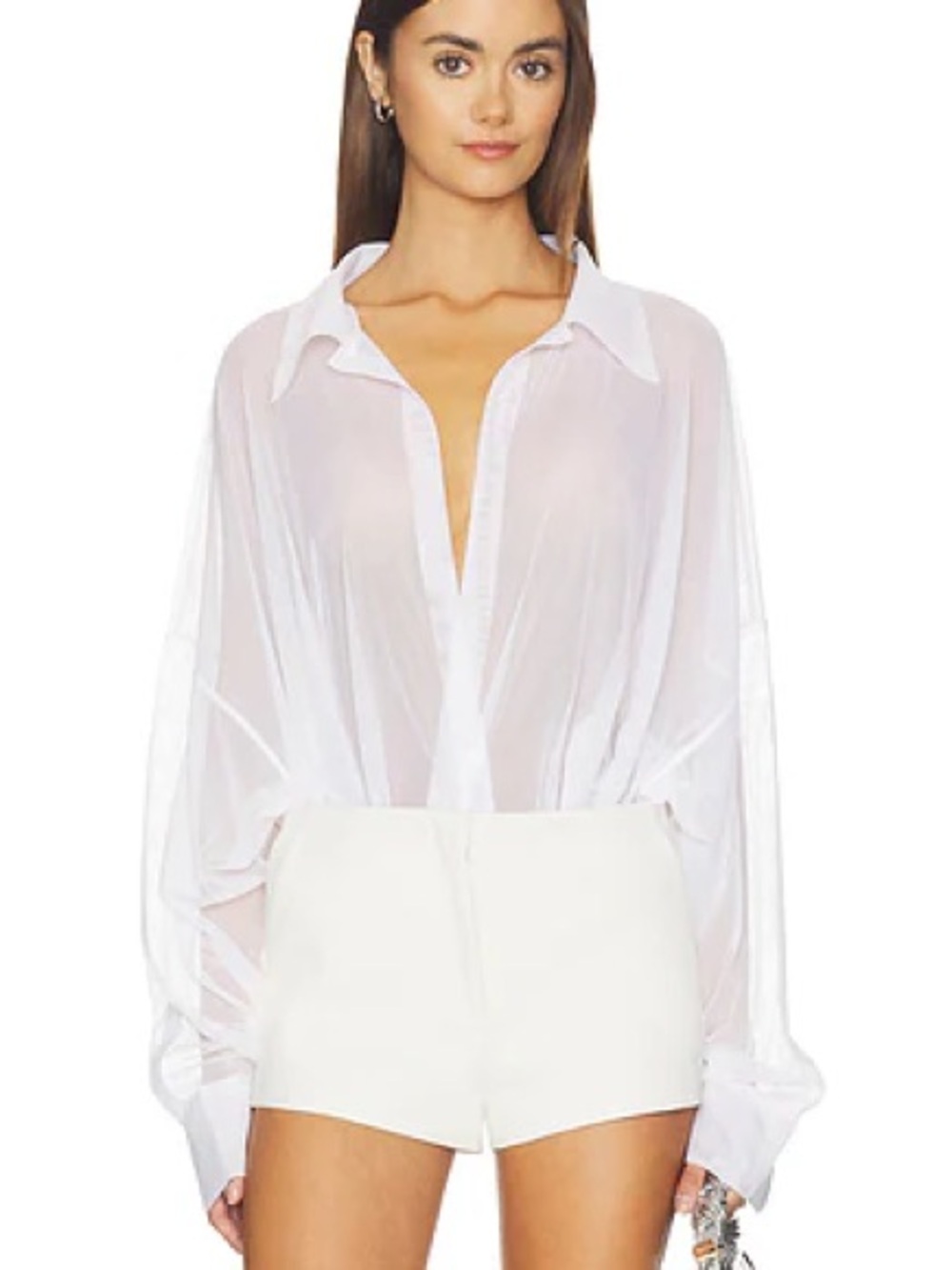 Norma Kamali White Sheer Button-Front Bodysuit Top